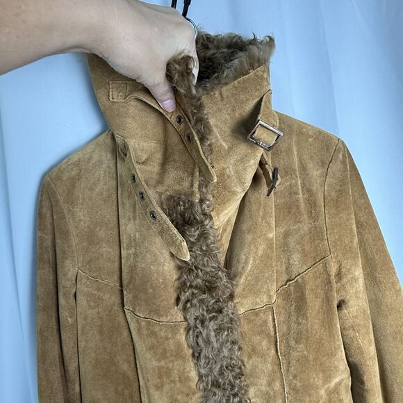 Express Vintage Y2K Dyed Lamb Trimmed Suede Jacket Tan Coat Sz Medium - Picture 4 of 10